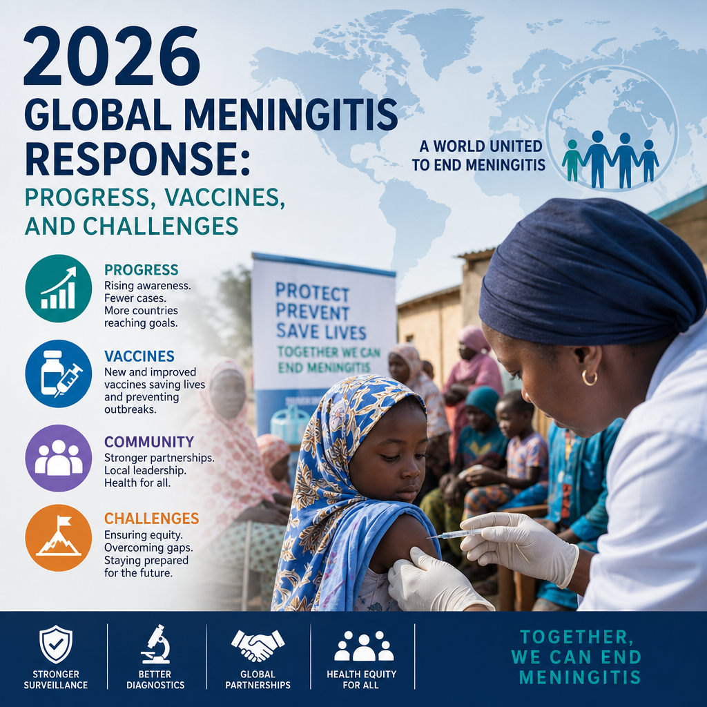 Infographic on global meningitis response in 2026 showing progress, vaccines, challenges, and community efforts