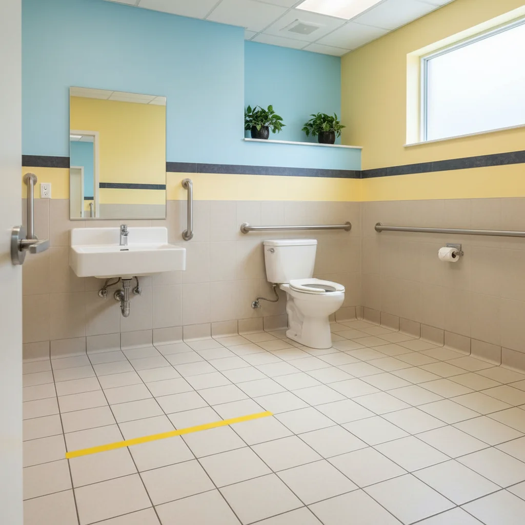 Spacious and accessible community building restroom with grab bars