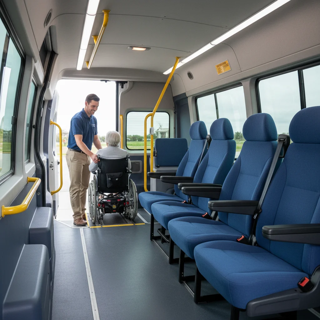 Accessible interior of a community transport vehicle with a driver assisting a passenger.