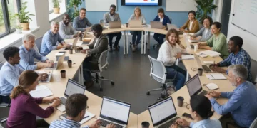 Diverse adults engaged in learning in a modern classroom setting, reflecting adult education funding impact.