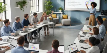 Adults learning new skills in a modern classroom setting, representing upskilling initiatives.