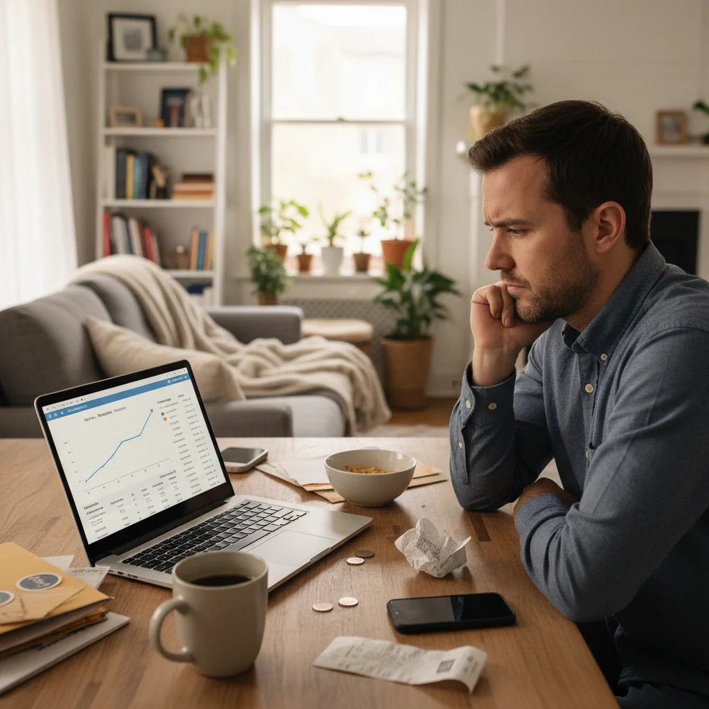 Person analyzing payslip on laptop, reflecting on budget changes.