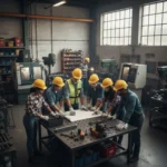 Apprentices working together in a workshop with a mentor, demonstrating practical skills and collaborative learning.