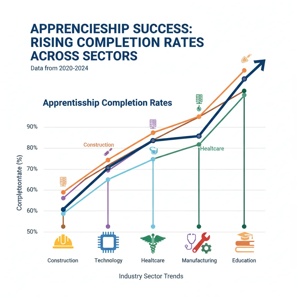 Infographic showing rising apprenticeship completion rates across different industries.
