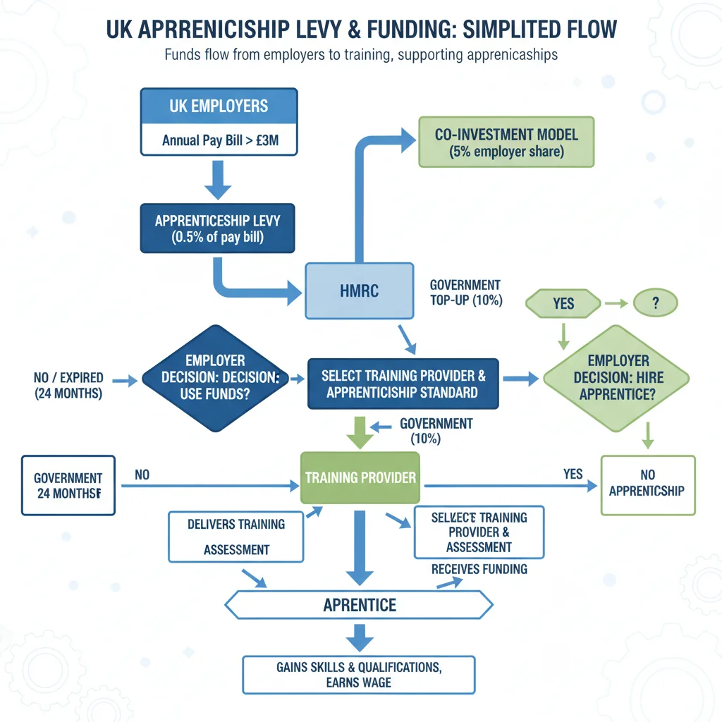 Infographic illustrating UK apprenticeship levy and funding flow