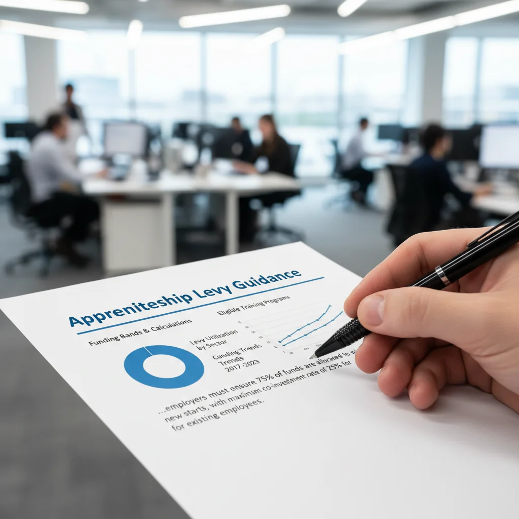 Hand pointing at apprenticeship levy guidance document, highlighting funding changes.
