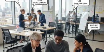 Professionals and apprentices discussing new apprenticeship levy rules in a modern UK office.