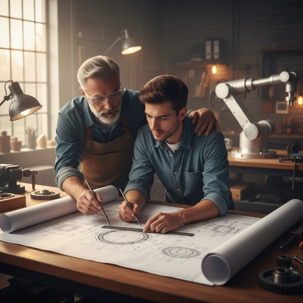 Mentor guiding an apprentice through engineering plans in a workshop setting.