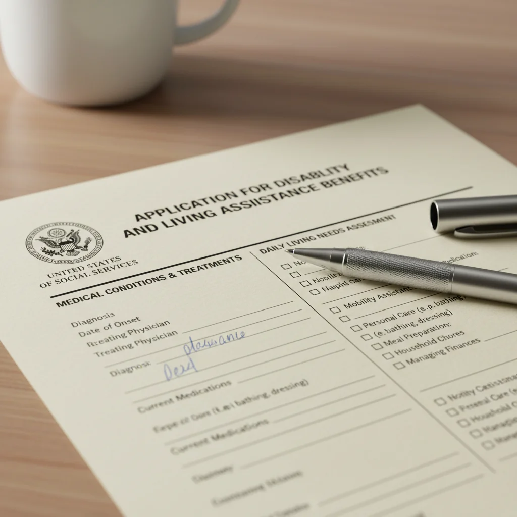 Close-up of Attendance Allowance application form being filled out.
