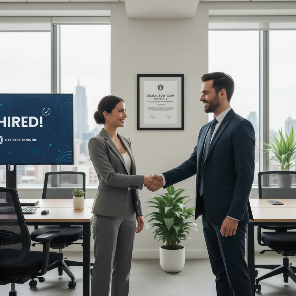 Successful job interview after completing a digital bootcamp, leading to employment.