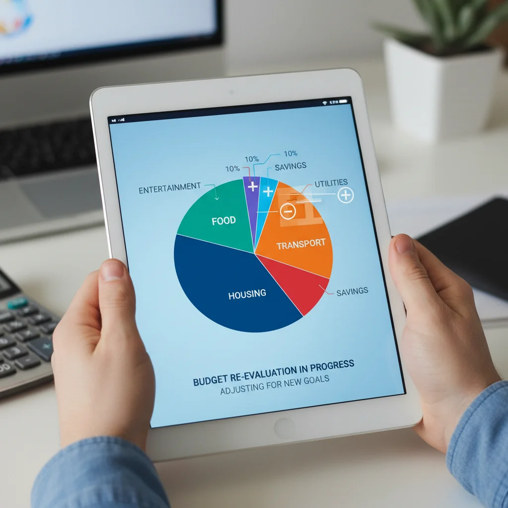 Digital budget pie chart showing re-evaluated household expenses.