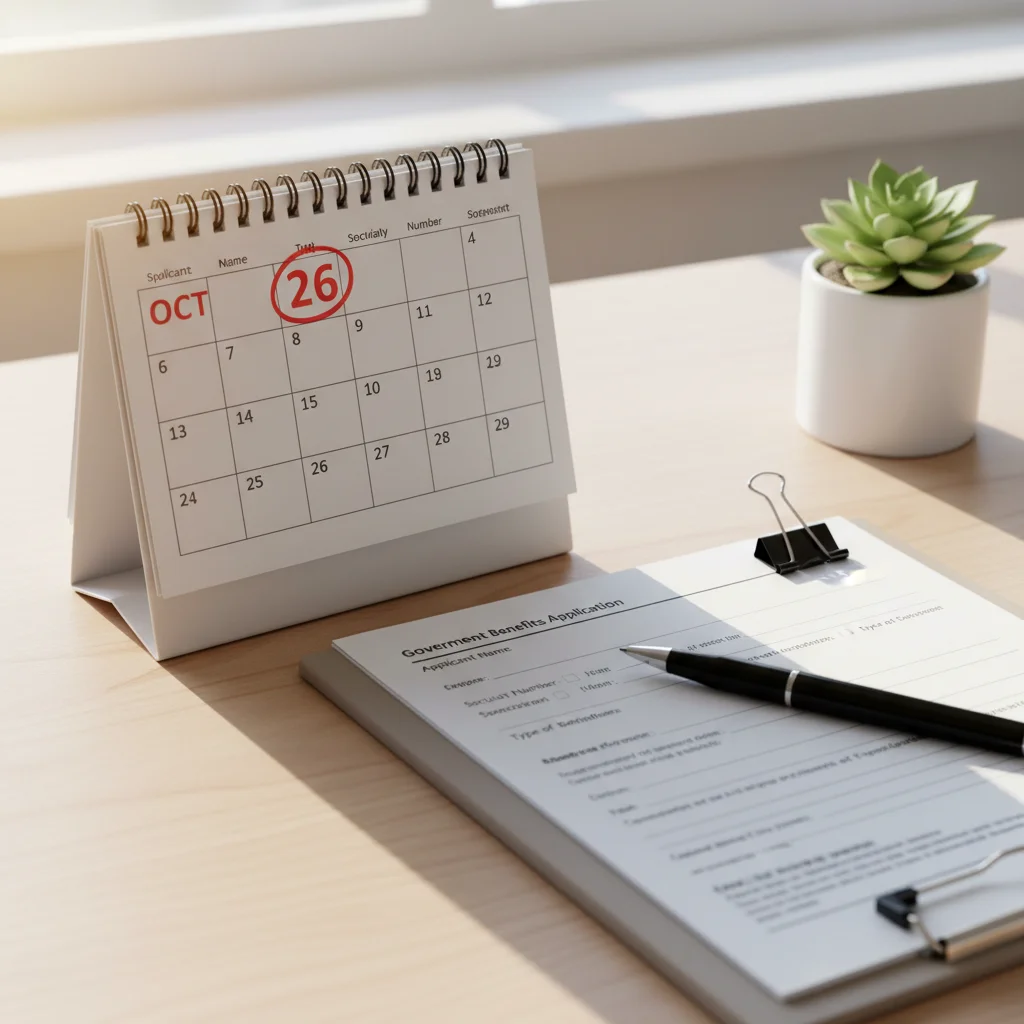 Calendar with circled date, pen, and form, representing Carer's Allowance application process.