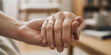 Hands gently clasped together, symbolising care and support for Carer's Allowance eligibility.
