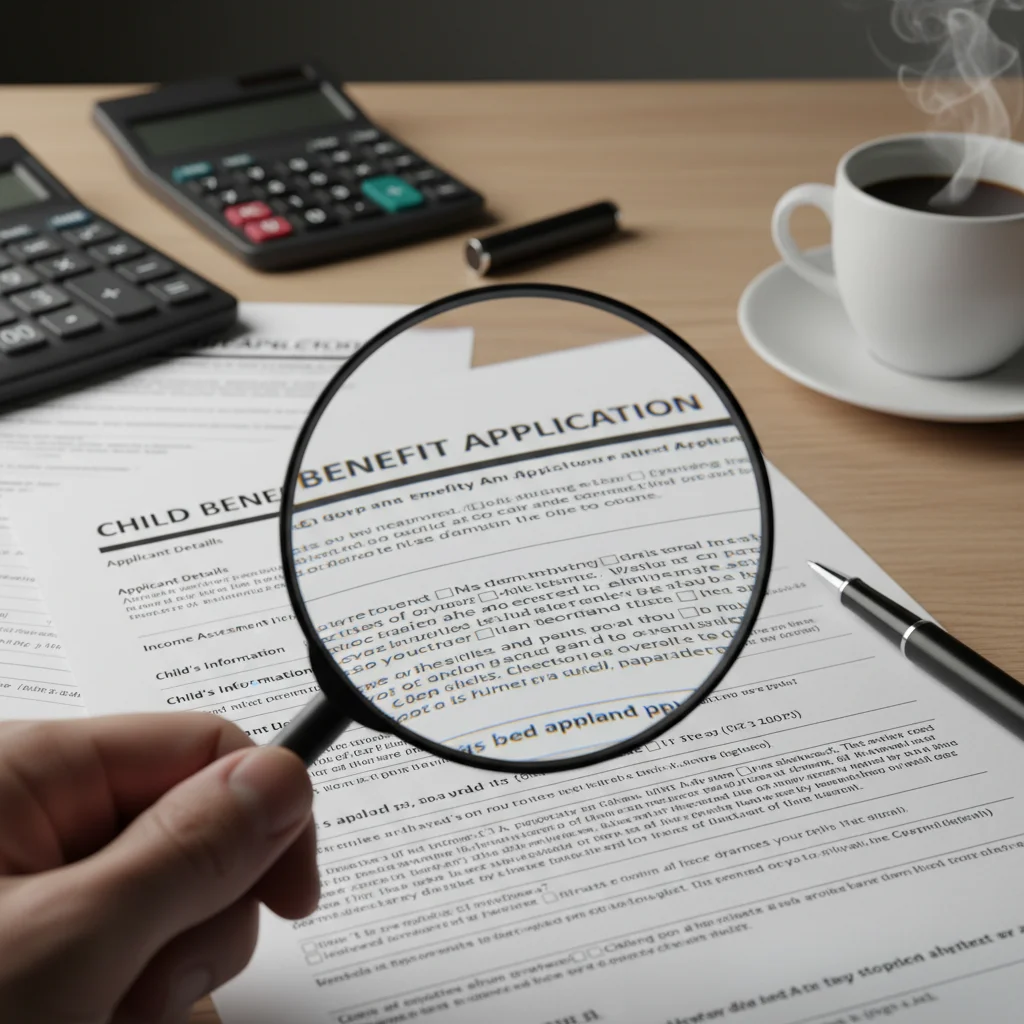 Magnifying glass over Child Benefit application form