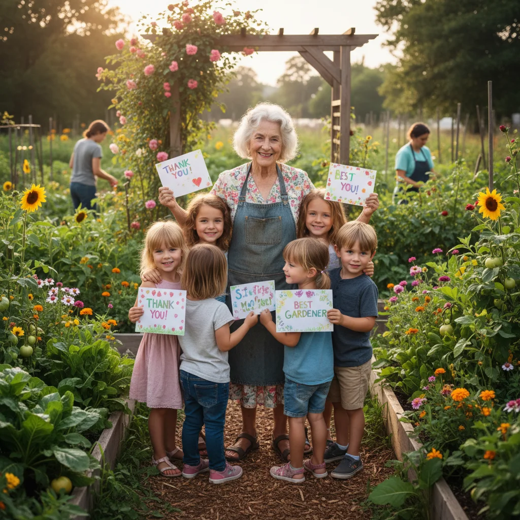 Children expressing gratitude to an older community volunteer, highlighting intergenerational impact.