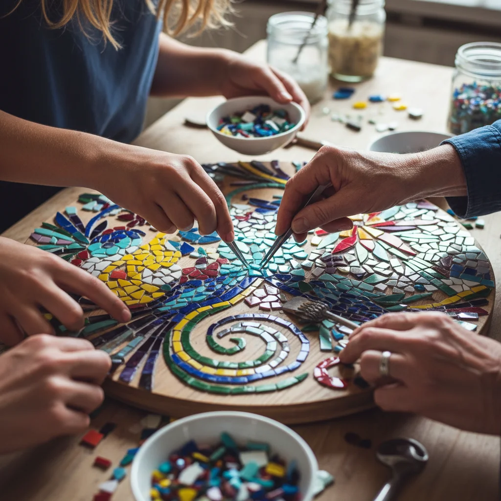Intergenerational hands collaborating on a colourful mosaic art project.