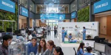 College students learning vocational skills in a modern educational setting.