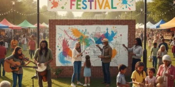 Diverse community engaging in vibrant outdoor arts activities, celebrating local culture.