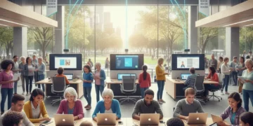 People of all ages connecting online at a community digital hub, symbolizing digital inclusion.