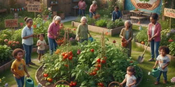 Diverse community members collaborate on a thriving garden project, showcasing successful small community project grants.