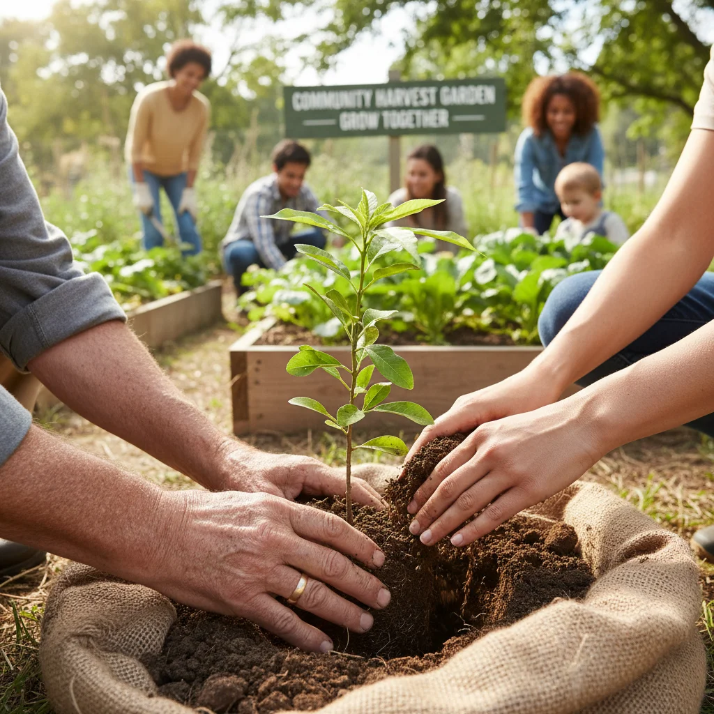Intergenerational volunteers planting a tree together.