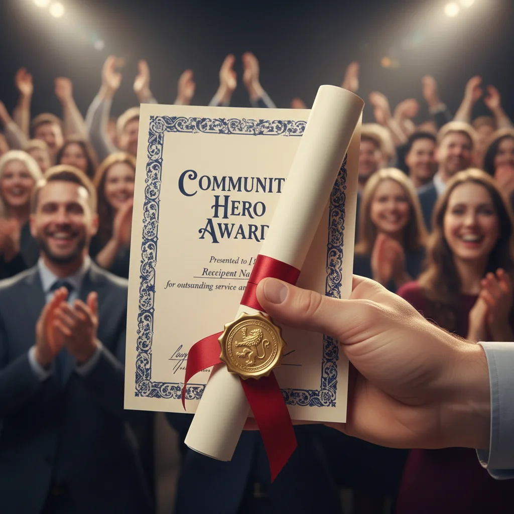 Hand receiving a prestigious 'Community Hero Award' certificate, symbolizing recognition and appreciation.