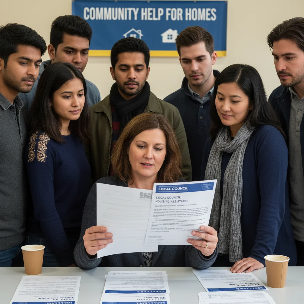Community support worker explaining housing benefit documents to a diverse group.