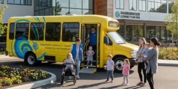 Community transport minibus outside a community center, assisting diverse passengers.