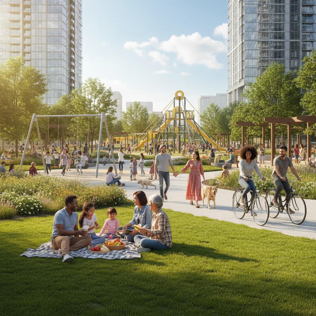 Diverse community members enjoying recreational activities in a vibrant new urban park.