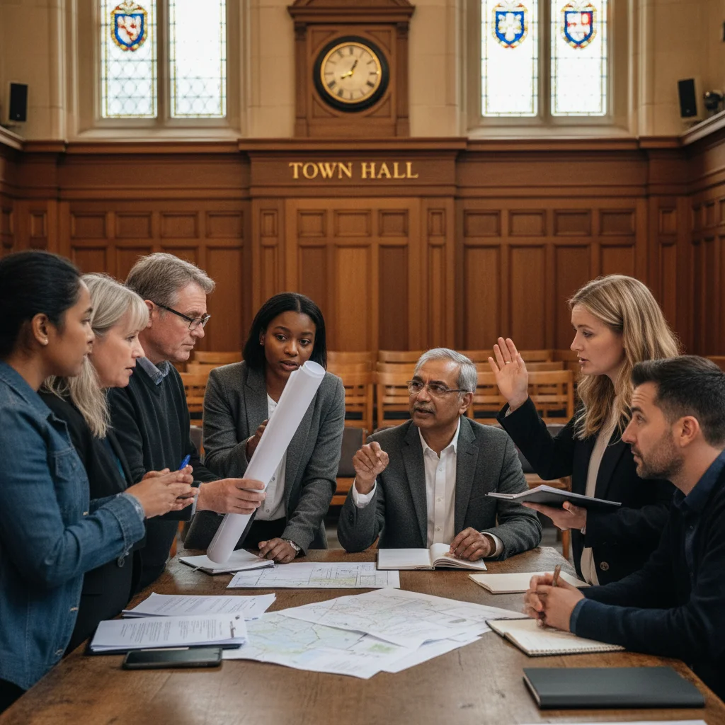 Local residents discussing UK planning policy changes in a community meeting.
