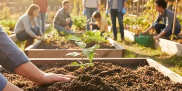 Hands planting a young sapling in a community garden, symbolising sustainable growth.