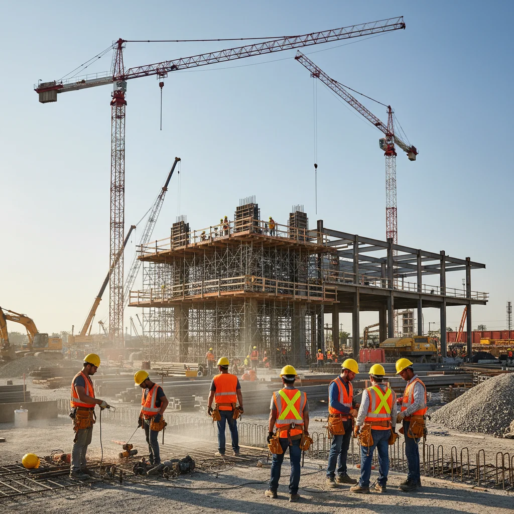 Construction workers on a building site, highlighting infrastructure skill needs.