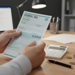 Hand holding Council Tax bill with calculator and pen, symbolising financial assessment and support.