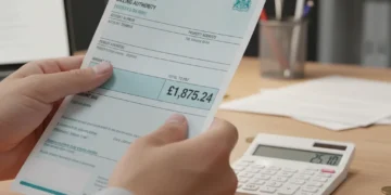 Hand holding Council Tax bill with calculator and pen, symbolising financial assessment and support.