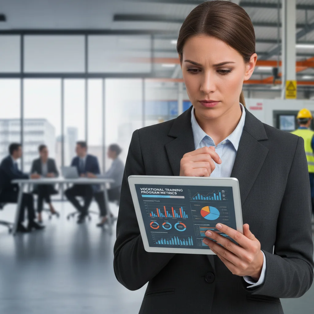 Professional reviewing vocational training program data on a tablet.