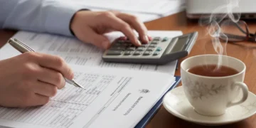 Person reviewing Discretionary Housing Payment application forms with a pen and calculator.