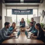 Digital Bootcamps: 90% Employment Rate Success Explained Professionals collaborating in a modern office after completing a digital bootcamp, showcasing career success.