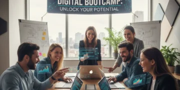 Professionals collaborating in a modern office after completing a digital bootcamp, showcasing career success.