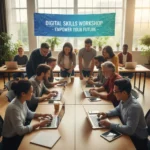 Diverse group learning digital skills at a community workshop