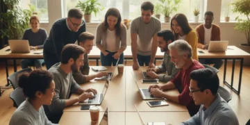 Diverse group learning digital skills at a community workshop