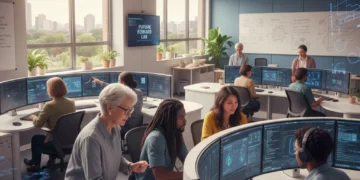 Diverse adults learning digital skills on computers in a modern classroom.