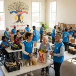 Volunteer Recruitment Drive: Join Community Support Networks Diverse volunteers collaborating in a community center, symbolizing unity and support.