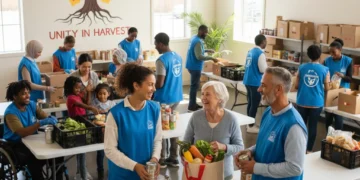 Diverse volunteers collaborating in a community center, symbolizing unity and support.