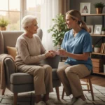 Elderly person receiving home care support, smiling with a caregiver