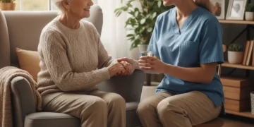 Elderly person receiving home care support, smiling with a caregiver