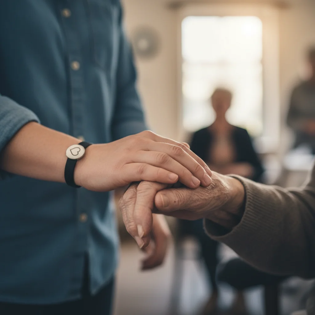 Volunteer's hand gently clasping an elderly person's hand, showing empathy and connection.