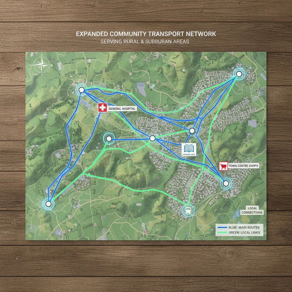Map showing expanded community transport routes connecting various local destinations.