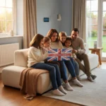 Family reviewing energy savings on a tablet in a cosy, energy-efficient UK home.