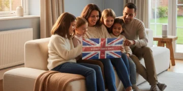 Family reviewing energy savings on a tablet in a cosy, energy-efficient UK home.