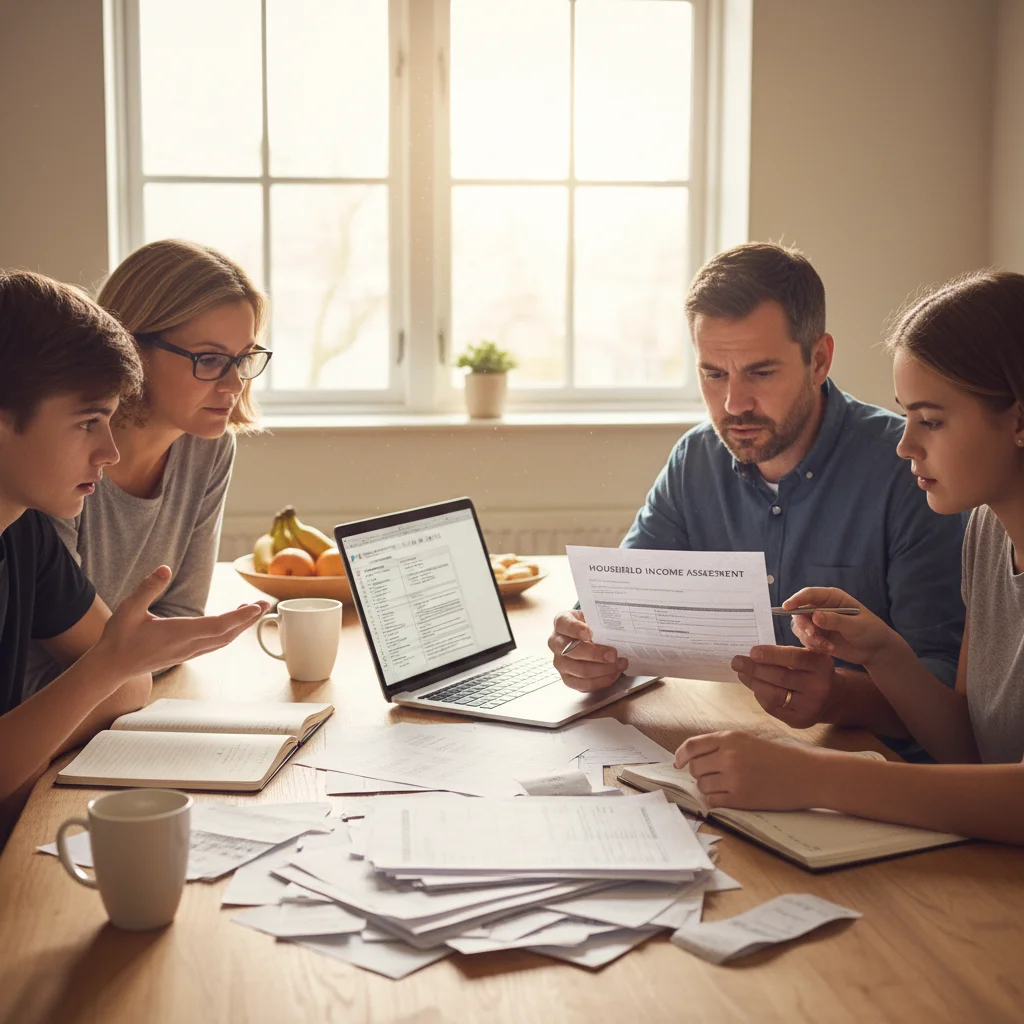 Family reviewing financial documents at kitchen table, discussing household income for Council Tax Support.